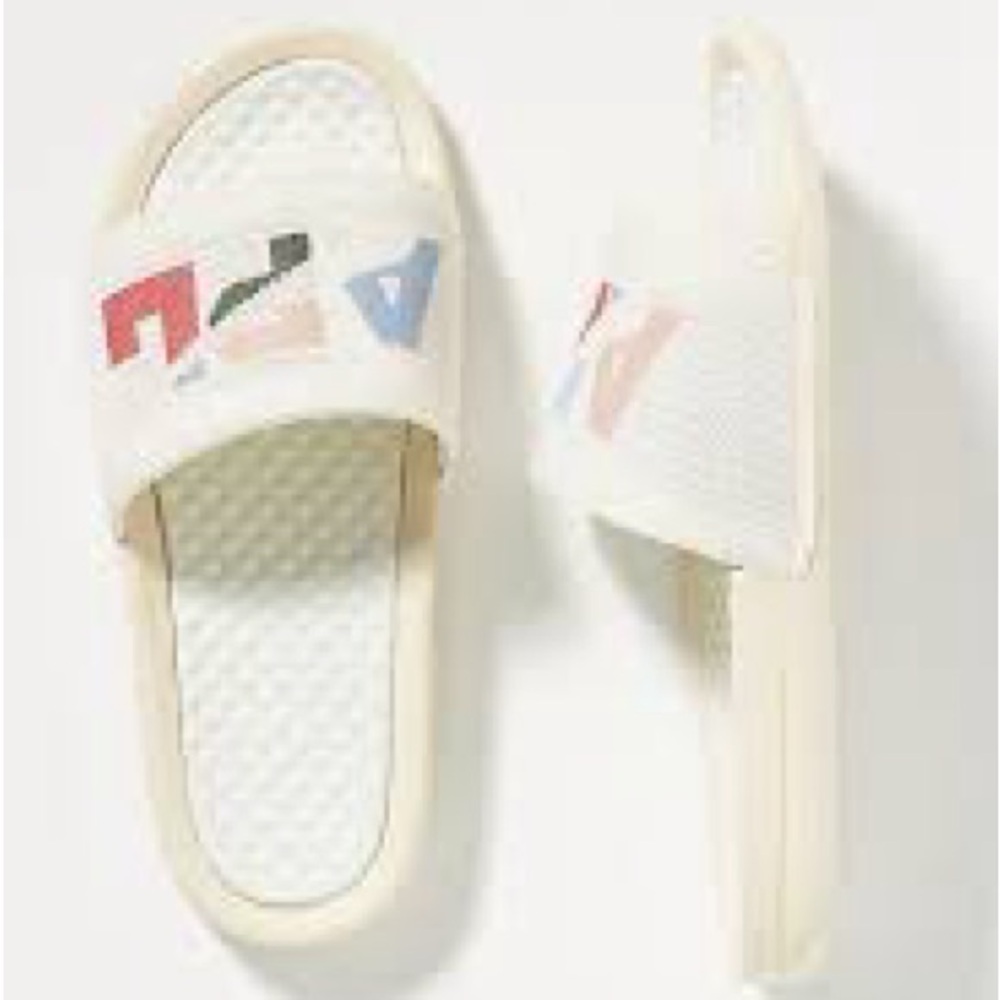 644.646.670. NEW SIZE 5/ 6  APL Cream Slide Sandals with Multicolor Lettering